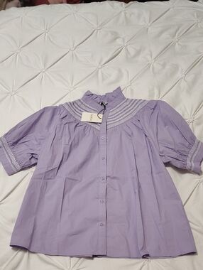 Lavender Smocked Yoke Blouse with Ruffle Collar